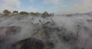 A smoking landscape after the flames have passed. 